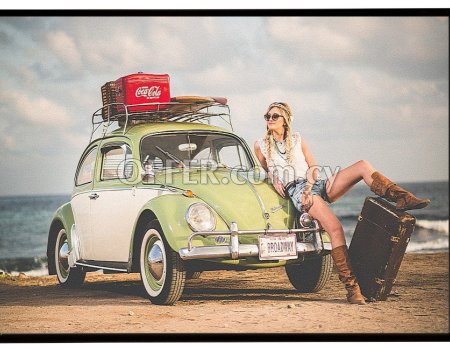 Vintage poster of a hippie stylish woman lying on a beetle car at the beach ακολουθούν Ελληνικά