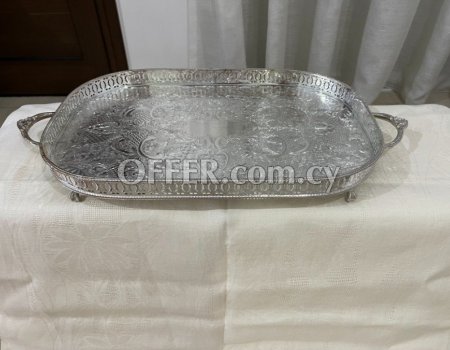 Antique Large silver -plated on copper, filagree serving tray - 3