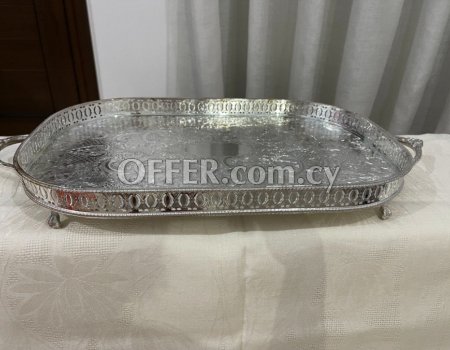 Antique Large silver -plated on copper, filagree serving tray - 5