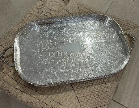 Antique Large silver -plated on copper, filagree serving tray - 9