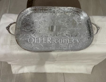 Antique Large silver -plated on copper, filagree serving tray - 4