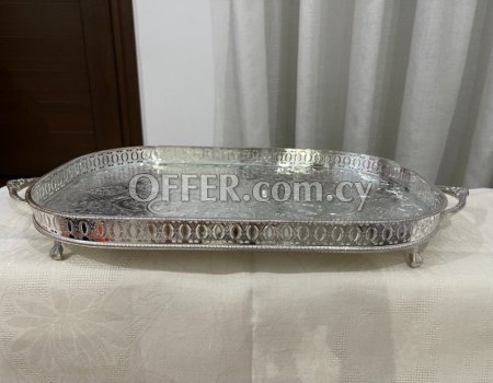 Antique Large silver -plated on copper, filagree serving tray - 8