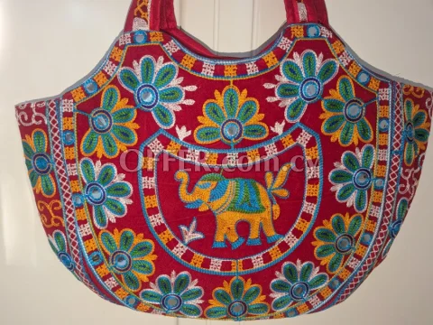 Red Rajasthani Embroidered Elephant Mirror Work Tote Bag - 8