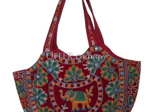 Red Rajasthani Embroidered Elephant Mirror Work Tote Bag